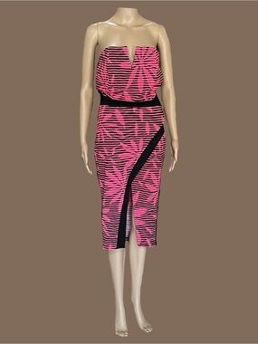 Strapless Pink and Black Midi Dress - Women